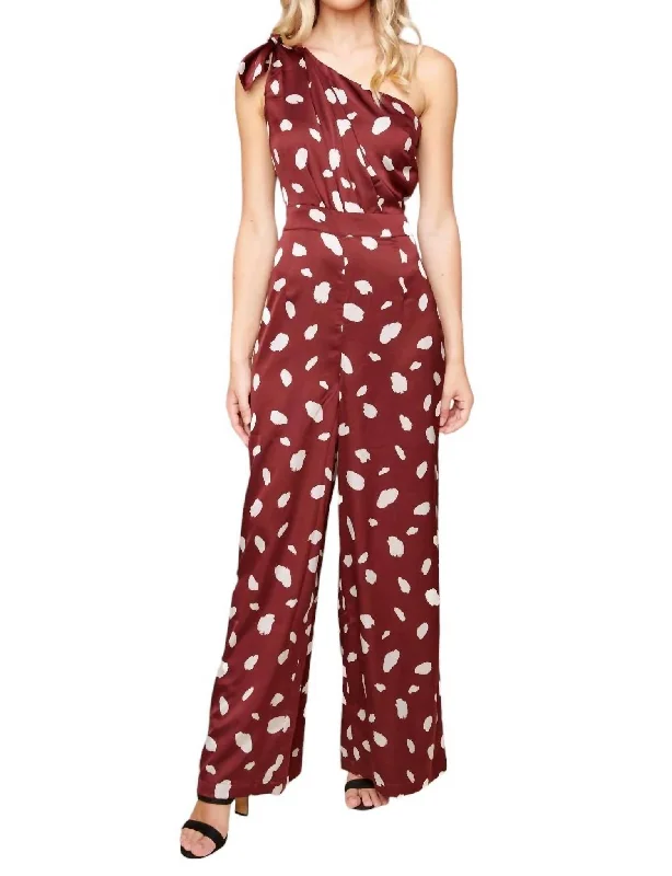Women's Evening Outfit Sabine Abstract Dot Satin One Shoulder Jumpsuit In Burgundy-White