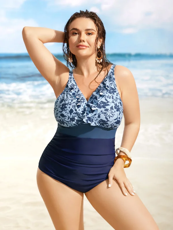 Women's Active Garments For Workouts Silhouette Floral Print Patchwork Ruffles One Piece Swimsuit