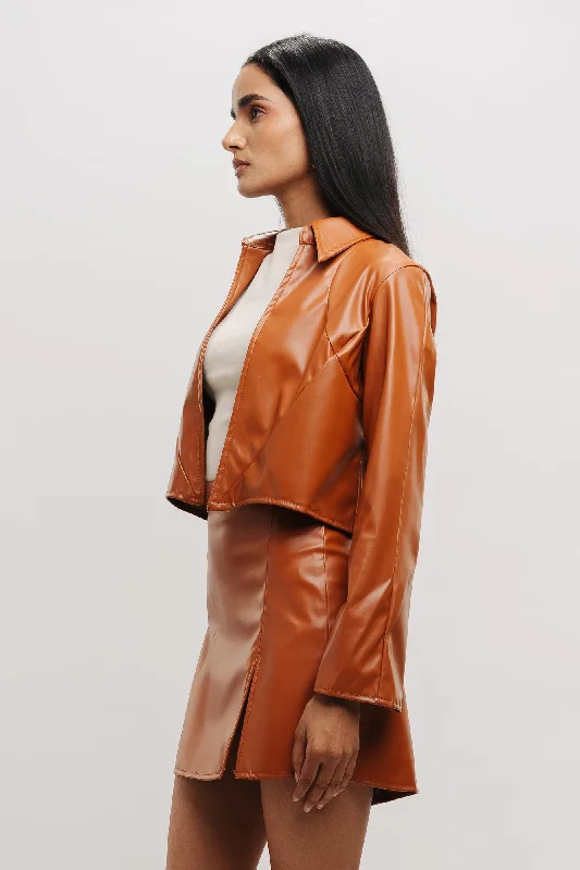 Trendy Casual Outfits Tan Leather Crop Shacket