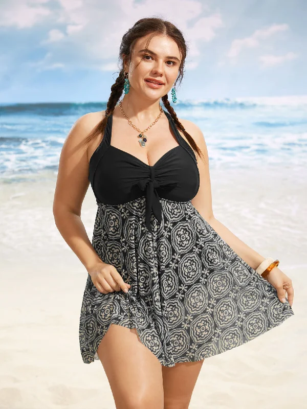 Women's Outfit Boho Print Patchwork Tie Knot Gathered Swim Dress