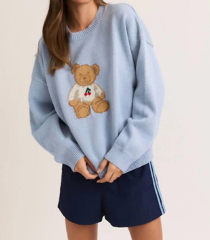 Chic And Edgy Teddy Bear Graphic Sweater In Light Blue