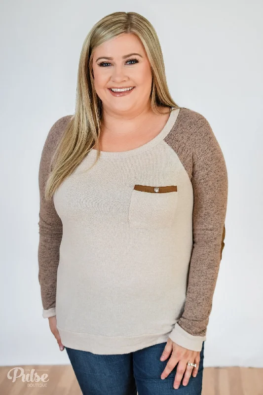 Romantic Fashion Discounts Compass To You Elbow Patch Top- Oatmeal & Mocha