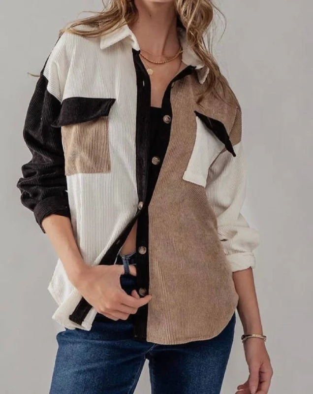 Latest Fashion for Women Relaxed Fit Colorblock Corduroy Shacket In Black/tan
