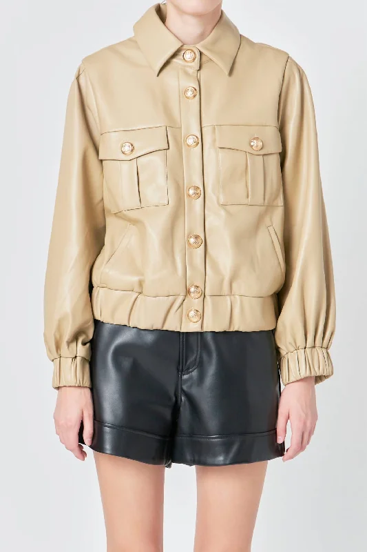 Women's Workout Clothing Faux Leather Jacket In Beige
