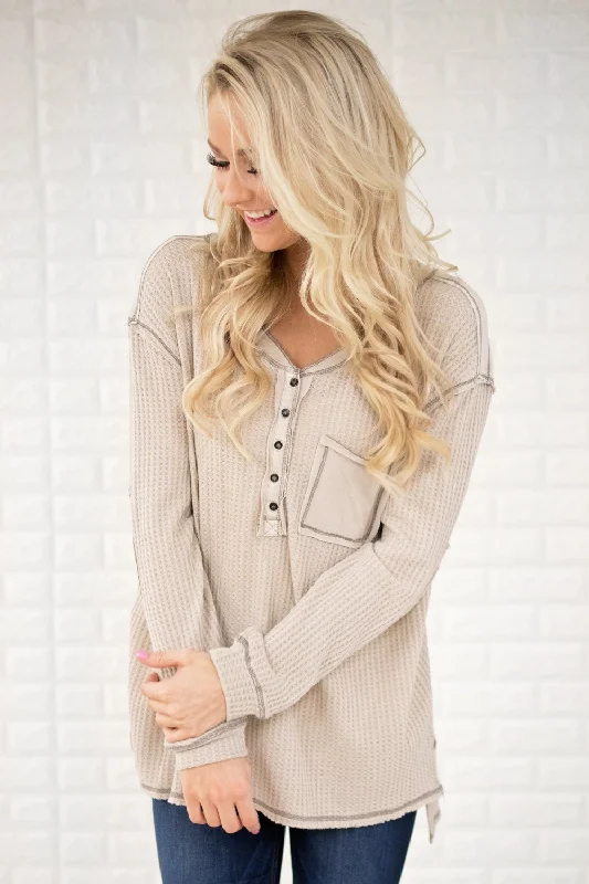 Huge Discounts This Week Beige Elbow Patch Thermal Top