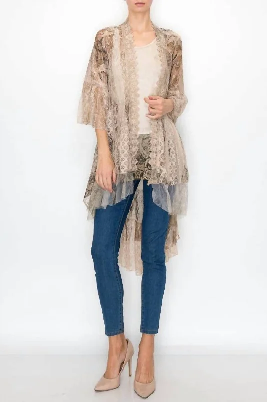 Sleek Design Jamie Lace Cardigan Duster In Taupe