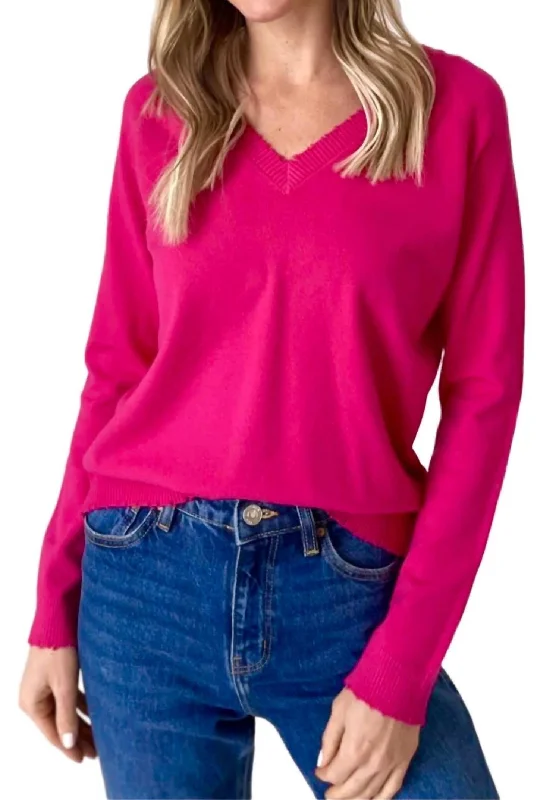 Luxury Style Distressed Hem Vneck Sweater In Hot Pink