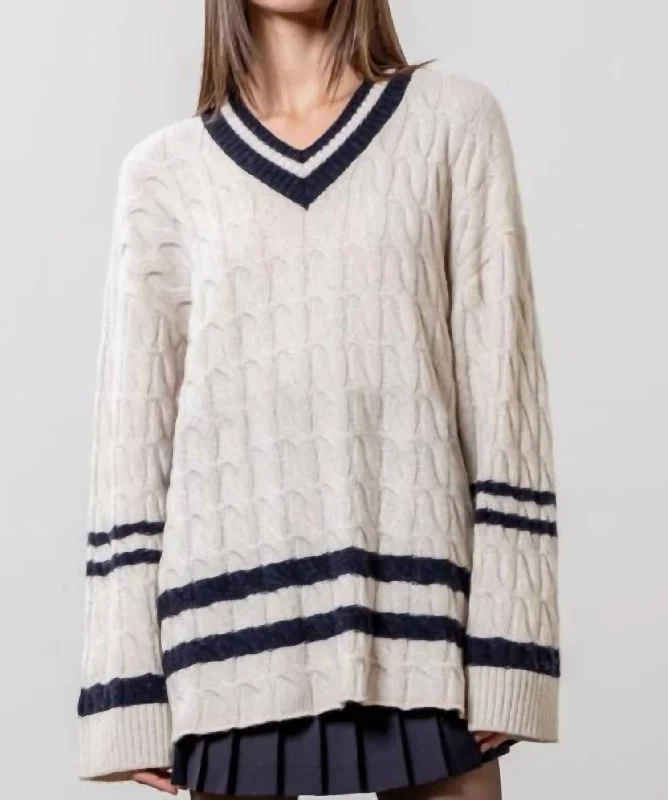 Fashionista Favorites Vicki V-Neck Tennis Sweater In Oatmeal