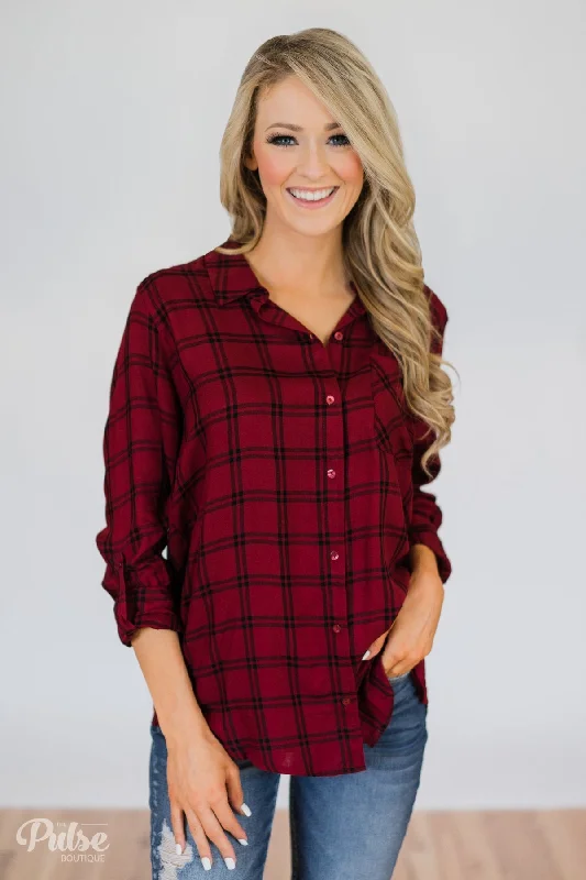Fashion-Forward Offers Plaid Button Up Pocket Top- Deep Red & Black