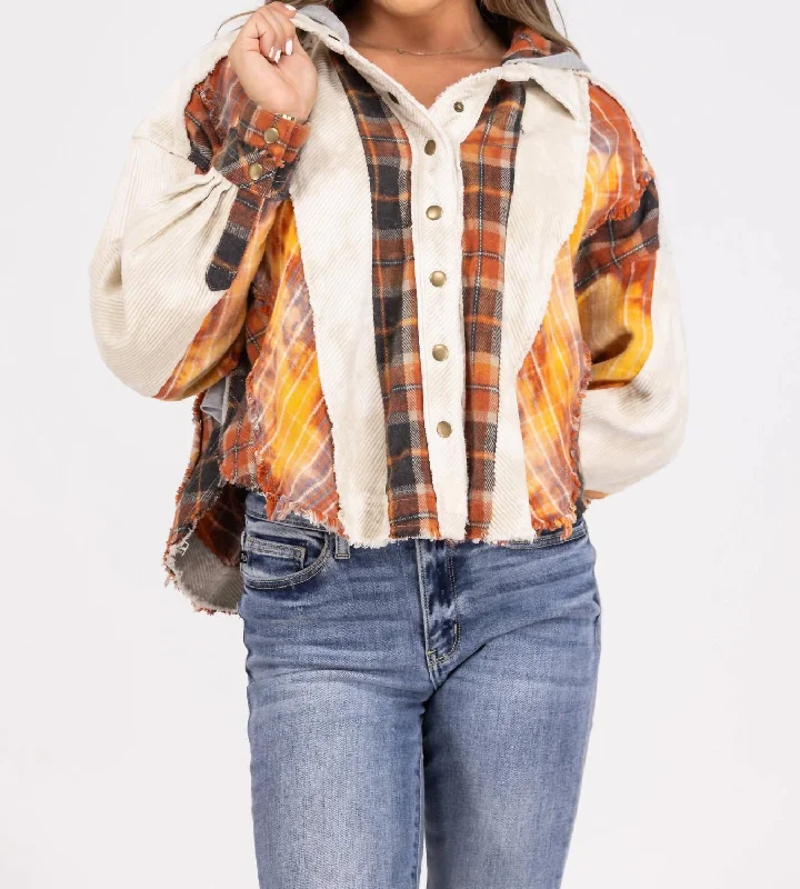 Women's Weekend Outfit Frayed Mixed Pattern Shacket In Cream
