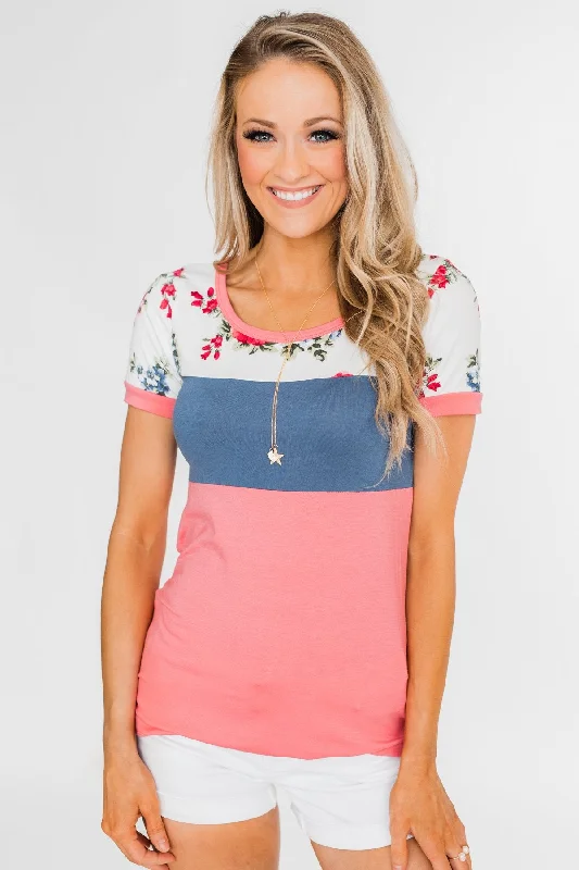 Romantic Fashion Discounts Color Block Short Sleeve Floral Top- Pink & Blue