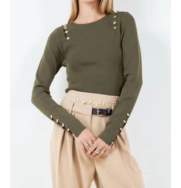Fashion Essentials Abstract Button Detailed Sweater In Olive