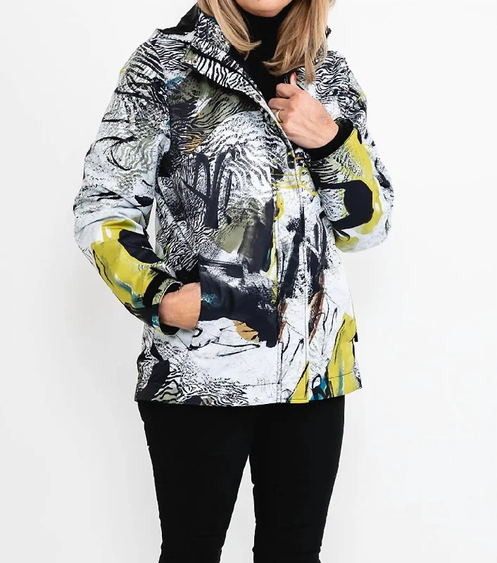 Women's Luxury Apparel Safari Escape Soft Shell Laminated Abstract Art Coat In Black Multi