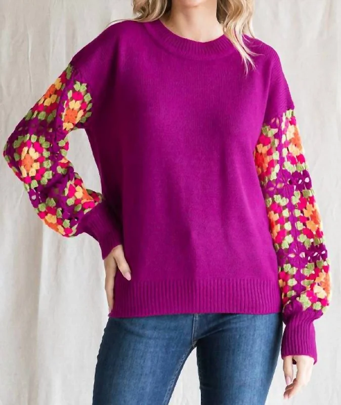 Fashion Deal Solid Knit Crochet Sleeves Sweater In Magenta
