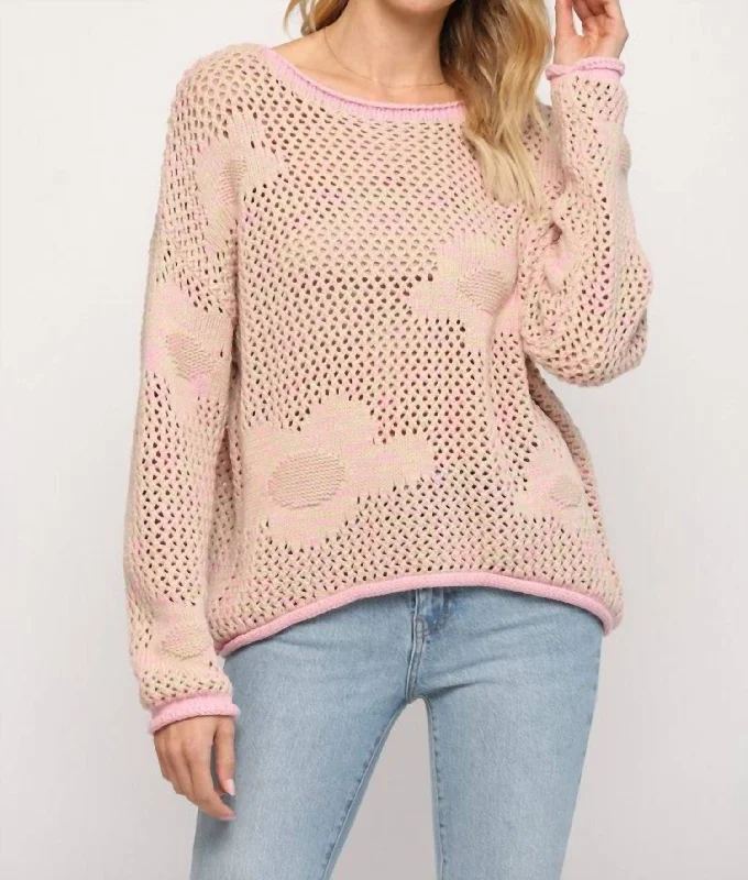 Best Sellers Floral Pattern Open Knitted Sweater In Baby Pink/taupe