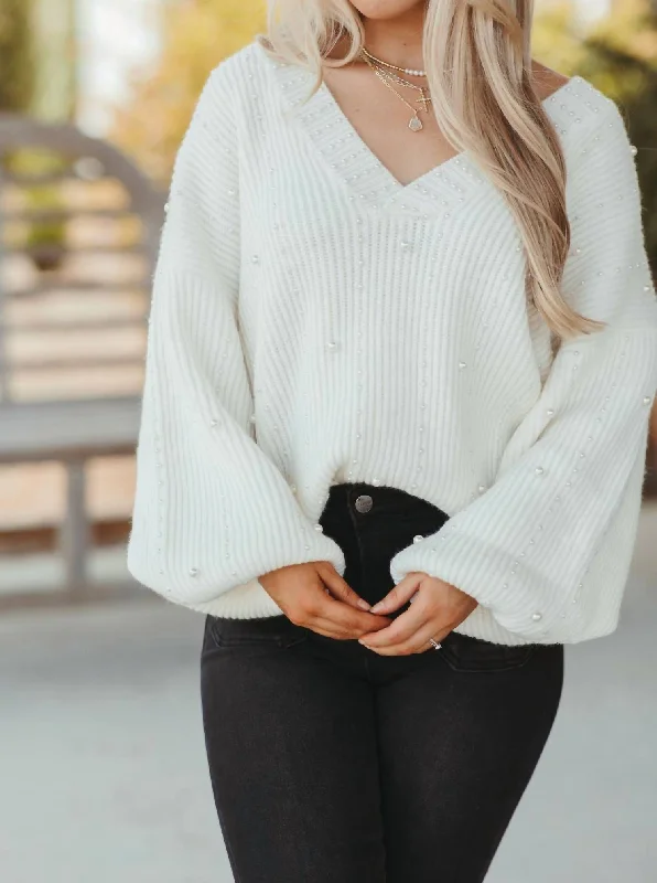 Trendy Urban Attire Vneck Pearl Sweater In Ivory