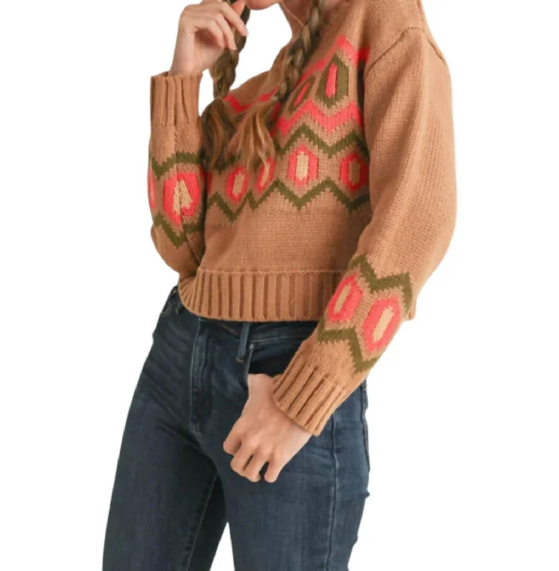 Fashion For Every Occasion Cropped Geometric Knit Sweater In Dark Brown