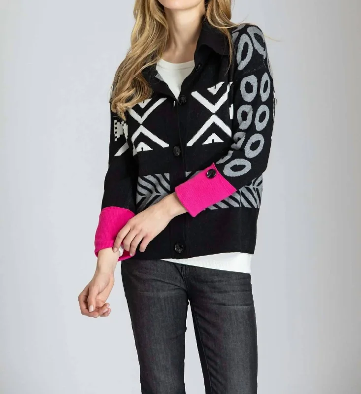 Comfort First Women's Wear Nordic Cardigan In Black And Pink