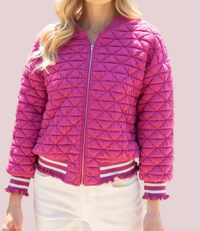 Women's Clothing For Casual Outings Catherine Quilted Striped Zip Up Bomber Jacket In Pink Women's Clothing For Casual Outings Catherine Quilted Striped Zip Up Bomber Jacket In Pink