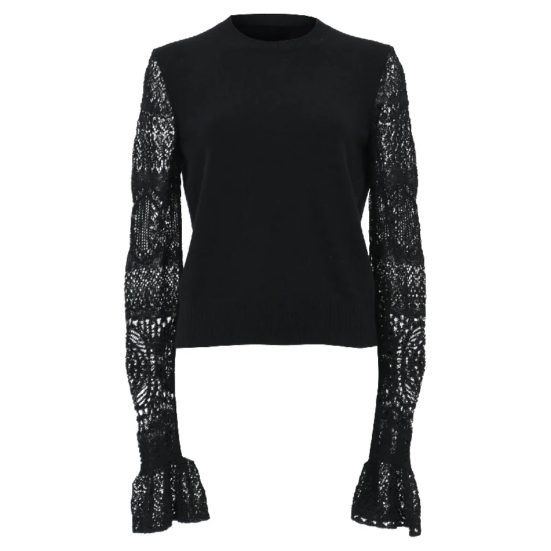 Fashion Forward Ruffled Crochet-knit Sweater In Black Wool