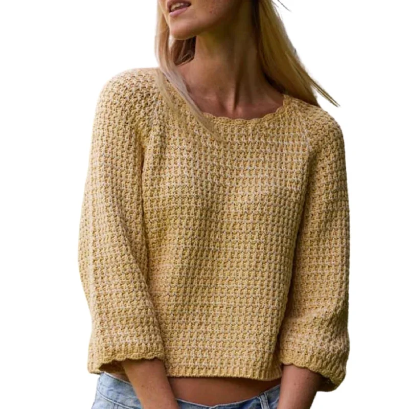 Ethnic Cultural Event Wear Chunky Tape Cotton Blend Textured Crew Pullover Sweater In Banana Yellow