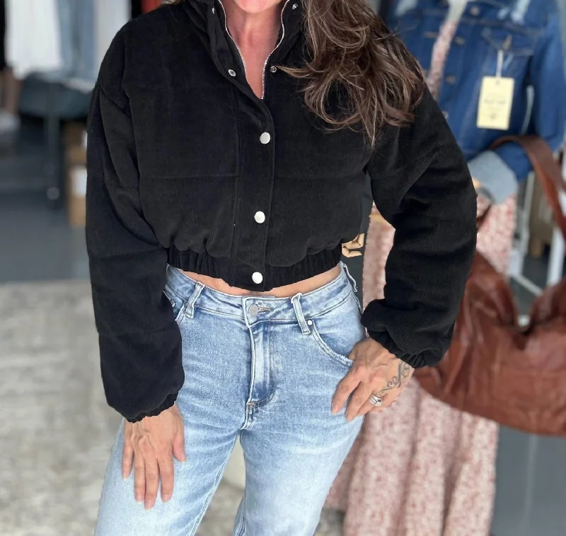 Women's Vacation Attire Snow Bound Puffer Crop Bomber Jacket In Black