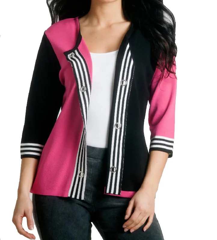 Comfortable Clothes Striped Placket Cardigan In Black/fuchsia