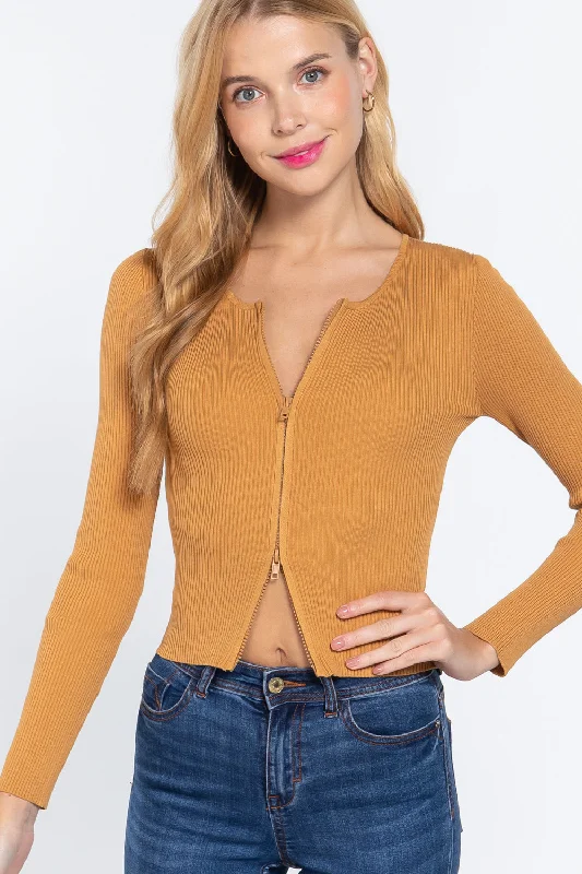 Quality Wear Rib Sweater Top W/front Zipper