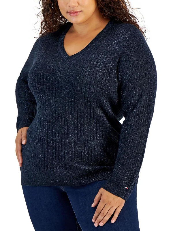 Pastel Styles Plus Womens Metallic V-Neck Pullover Sweater