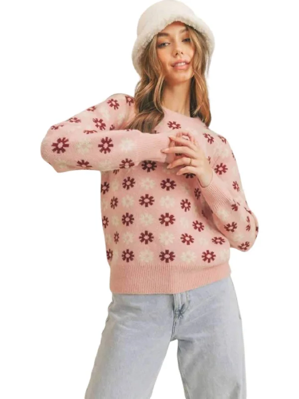 Day-To-Night Styles Snowflake Print Crew Neck Sweater In Pink