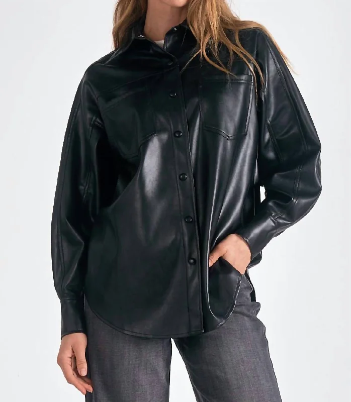 Women's Vintage Attire Faux Leather Shacket In Black
