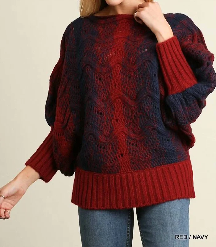 Unleash Your Fashion Puff Sleeve Chunky Knit Sweater In Navy And Red
