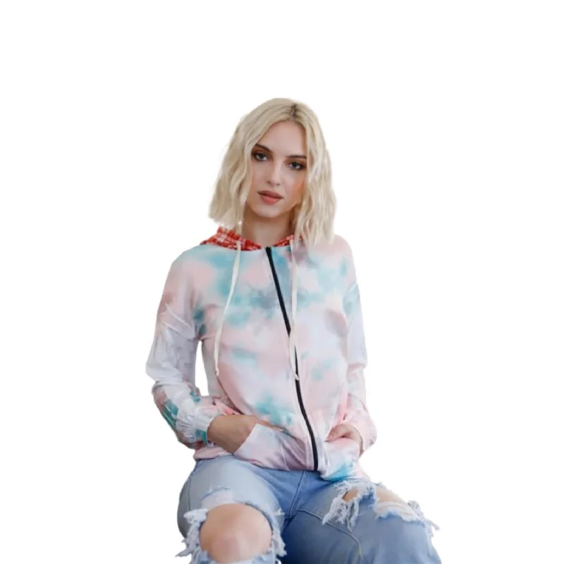 Urban Femme Streetwear Feather & Tie-dye Print Contrast Plaid Hood Sweater