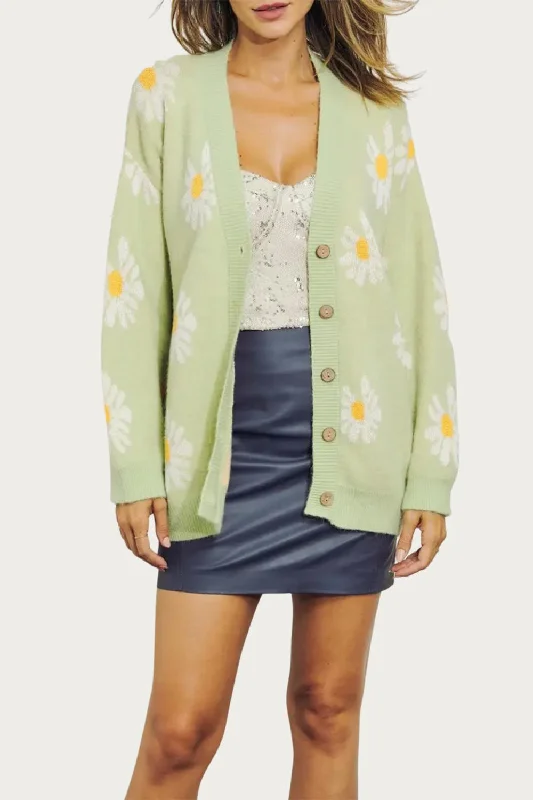Trendy Threads Retro Floral Knit Button-Front Cardigan In Lime