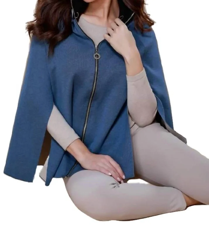 Fashion Frontiers High Slit Detachable Hooded Poncho In Denim Stone