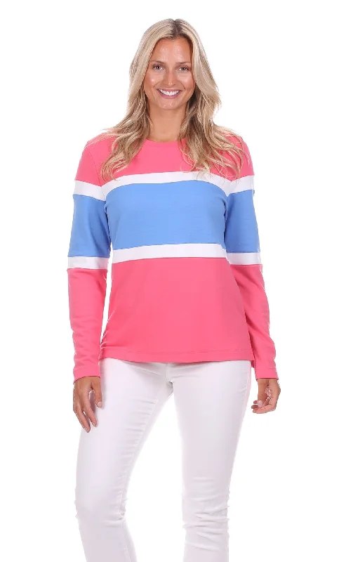 Vintage Look Cynthia Colorblock Pullover in Strawberry, White & Hydrangea