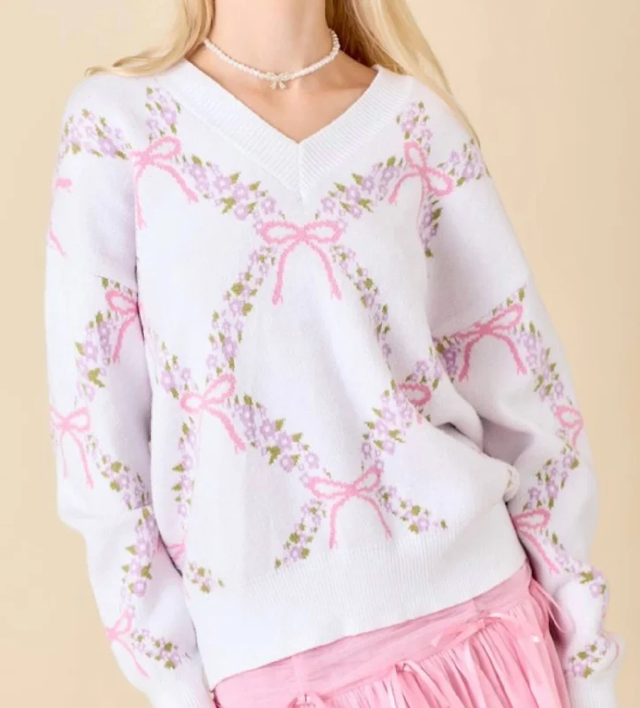 Exclusive Deals Online Floral Bow Vneck Sweater In White/pink