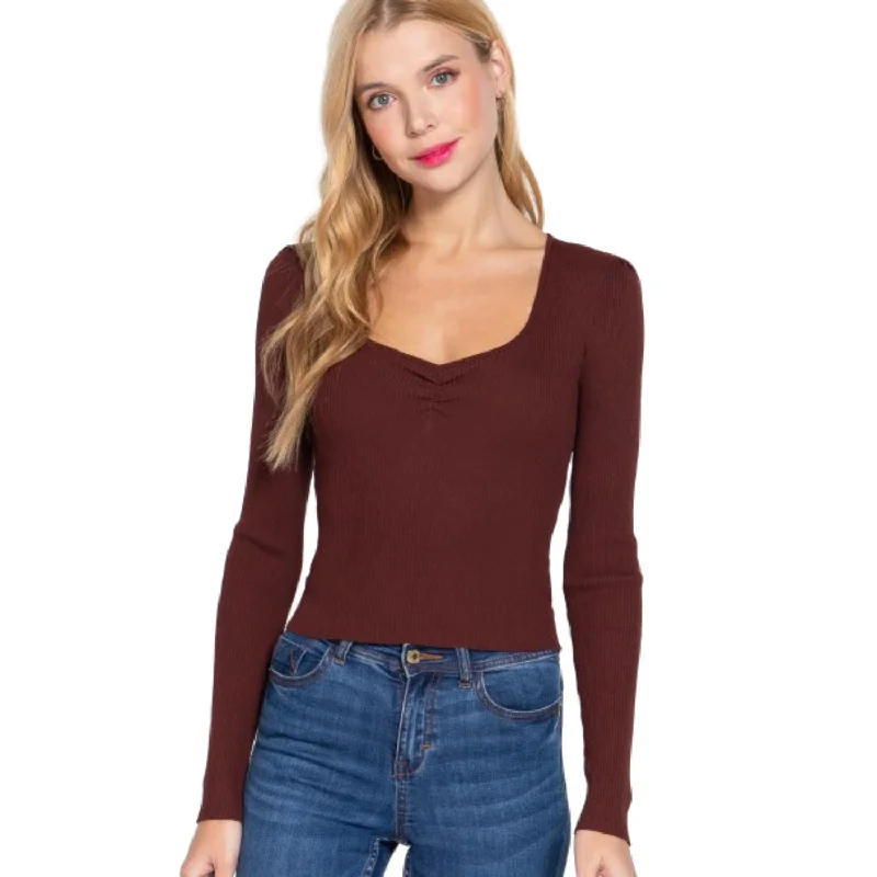 Effortless Chic Apparel Shirring Sweatheart Neck Sweater