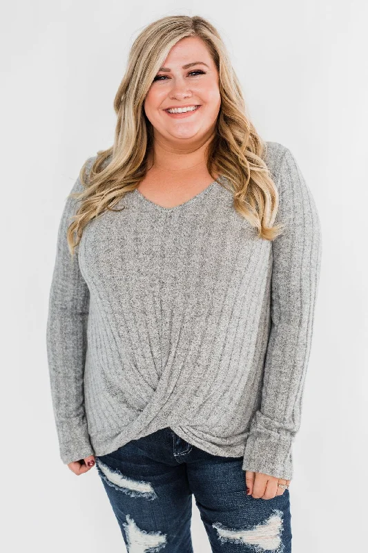 Inspired By You, Designed For You Path To Happiness Long Sleeve Twist Top- Heather Grey