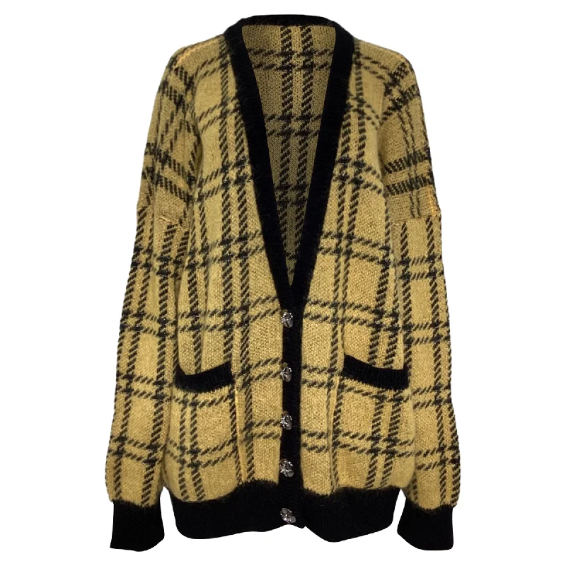 Elegant Attire Alessandra Rich Checkered Buttoned Cardigan in Yellow Wool