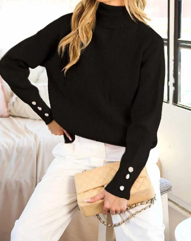 Cutting Edge Fashion Turtleneck Pearl Button Rib Sweater In Black