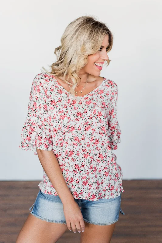 Crazy Price Slashing In The Sunshine Floral Ruffle Top- Ivory