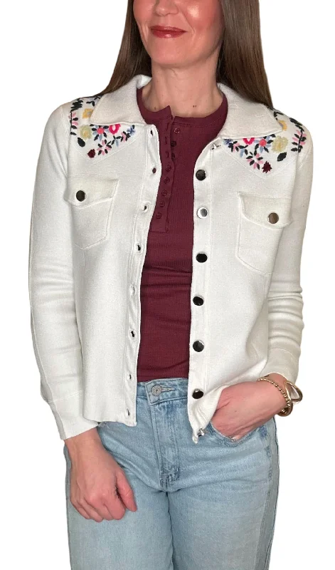 Modern Women's Attire Jacket With Floral Embroidery In White
