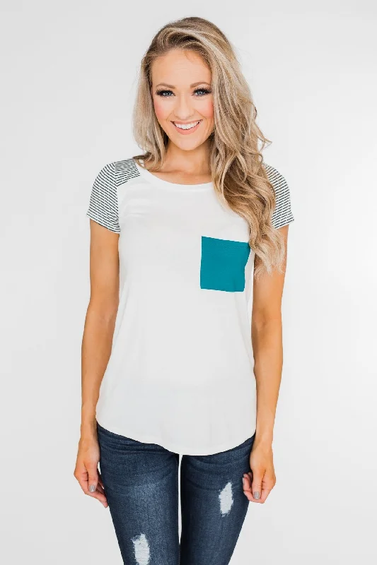 Unbeatable Prices On Best-Selling Items Take Me There Striped Sleeve Pocket Top- Teal