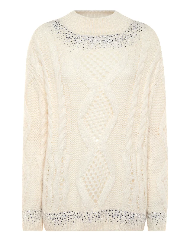 Feminine Charm Knitted Pullover Round Neck Long-Sleeve Strass