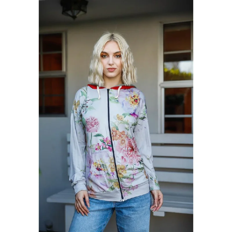 Women's Urban Fashion Grey Pink Flower Print Contrast Double Hood Sweater