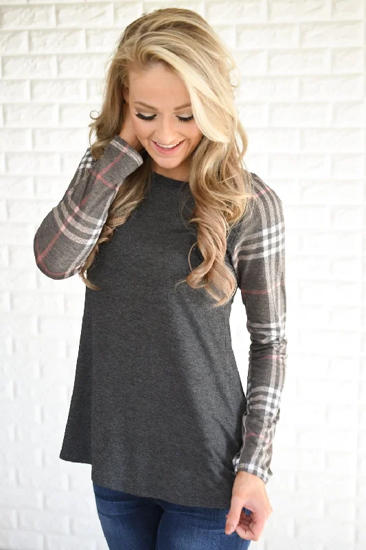 Top Deals Mocha Plaid Sleeve Raglan Top
