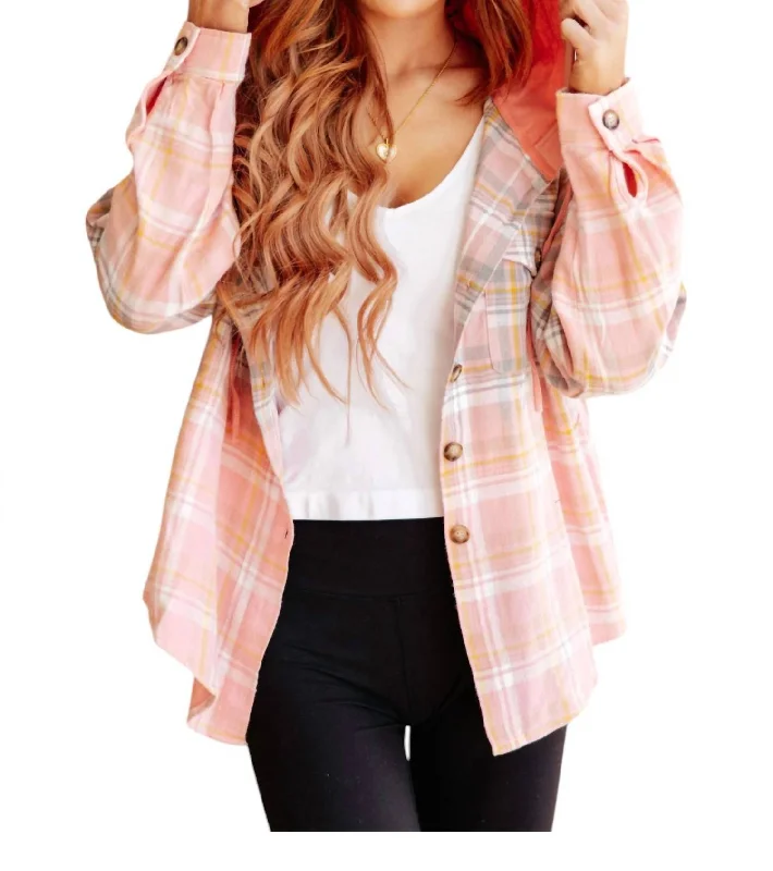 Women's Clothing For Special Occasions Daylight Dip Dye Plaid Hooded Shacket In Pink