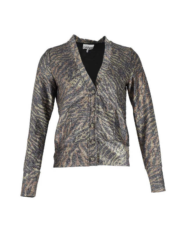 Seasonal Fashion Ganni Lurex Jersey Cardigan in Animal Print Polyester