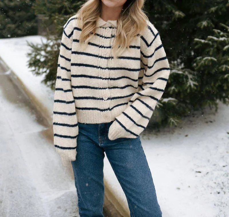 Fashion Sale Button Stripe Knit Cardigan In Cream/navy